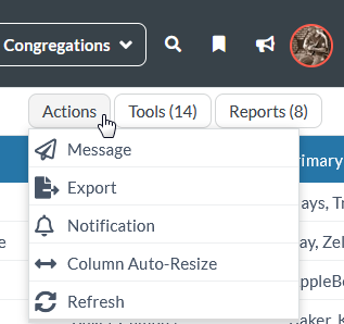 Screenshot of the Actions menu showing options for Message, Export, Notification, Column Auto-Resize, and Refresh