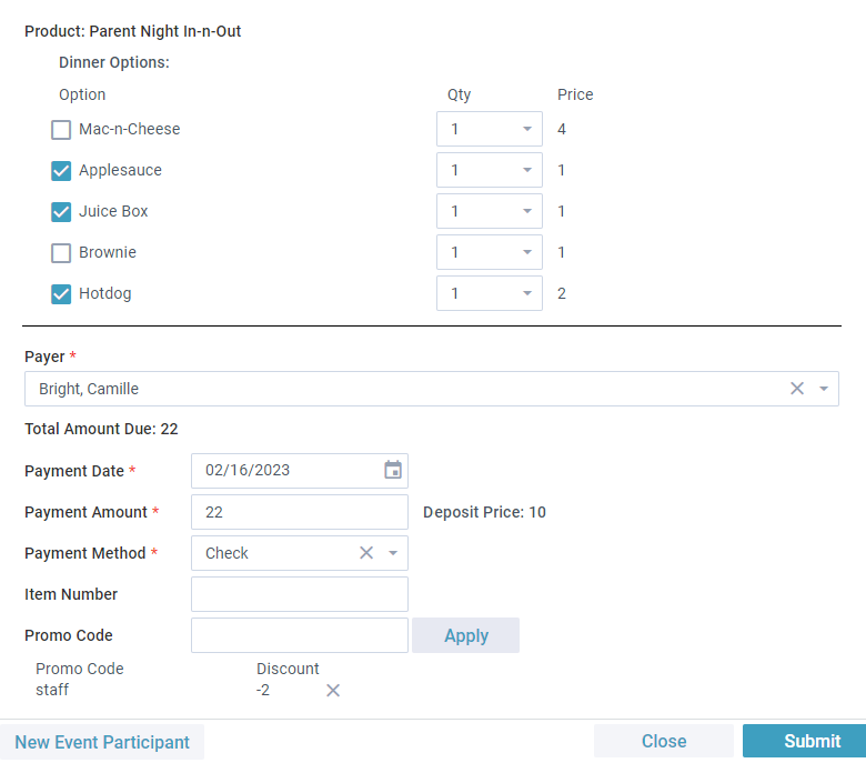 Add a Payment Tool showing selections for product options and the Payer information