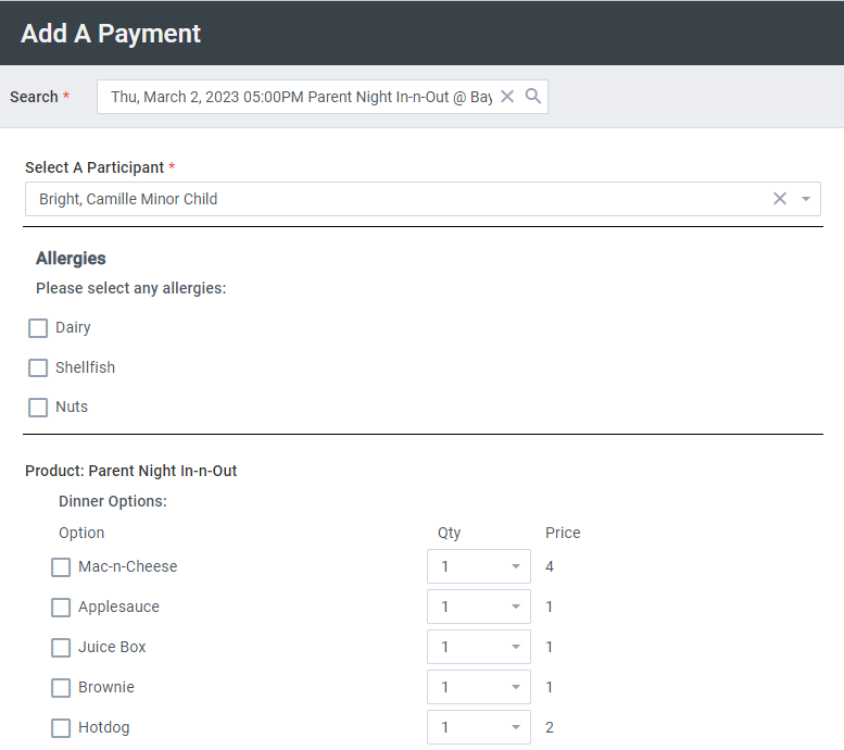 Add a Payment Tool example showing an existing event and participant