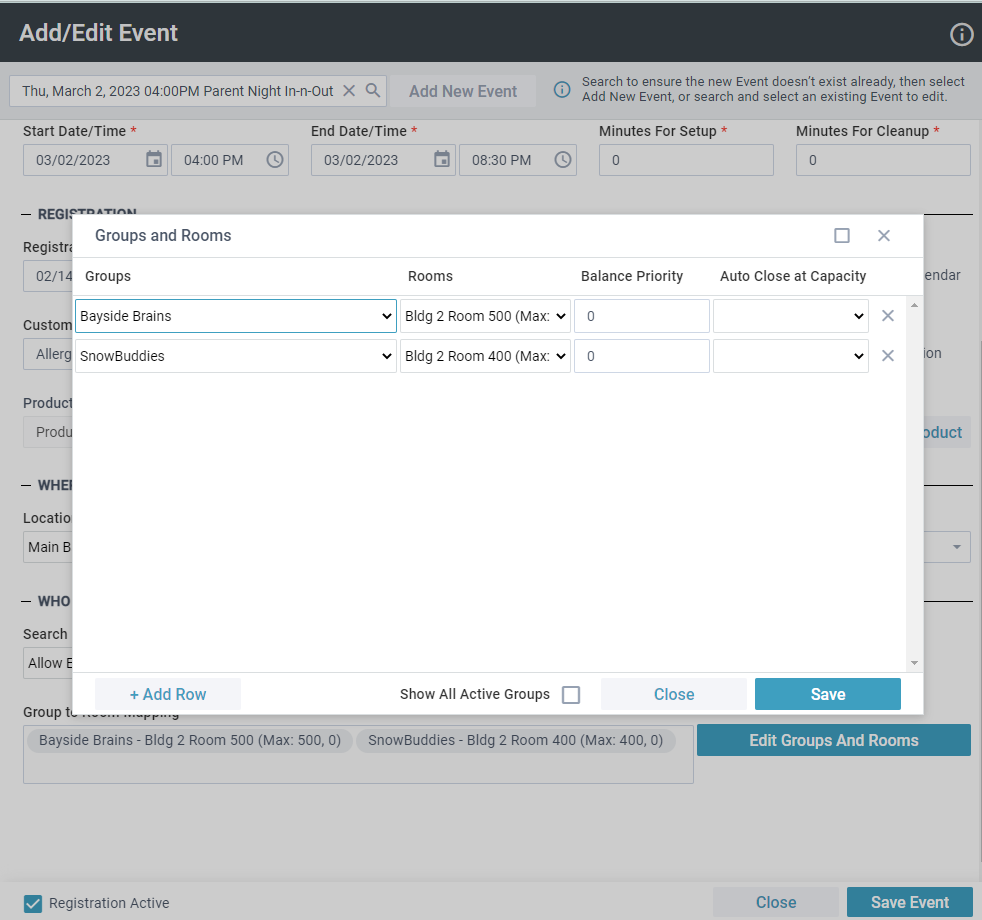 Add/Edit Event Tool showing an example with Groups and Rooms selections