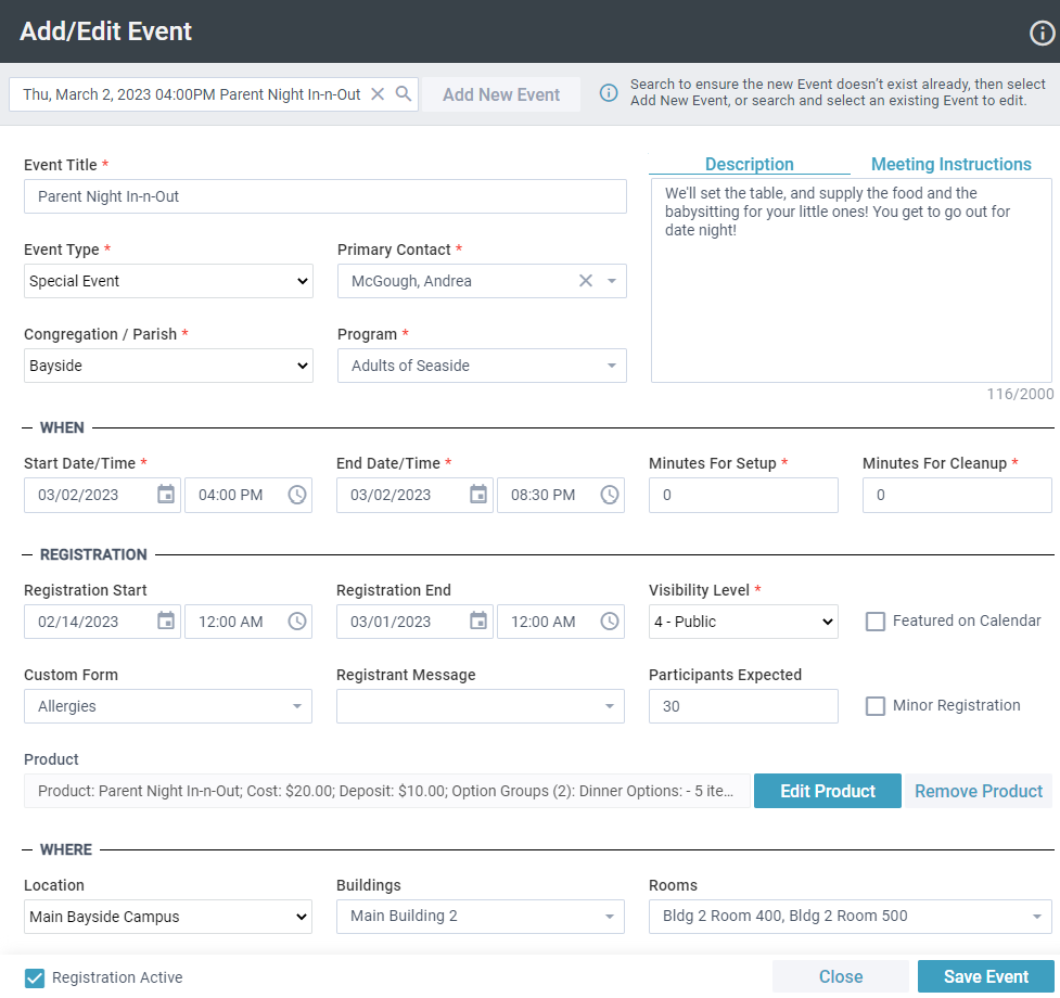 Add/Edit Event tool showing an example event called