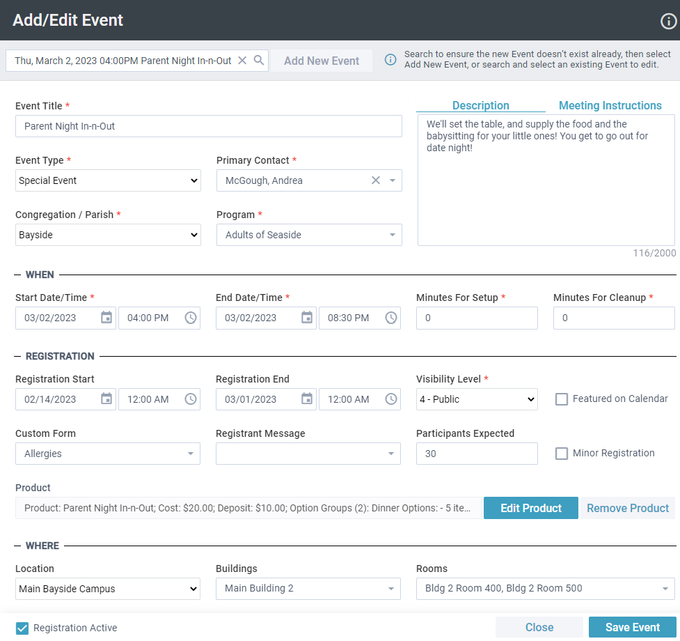 Add/Edit Event tool showing an example event called 