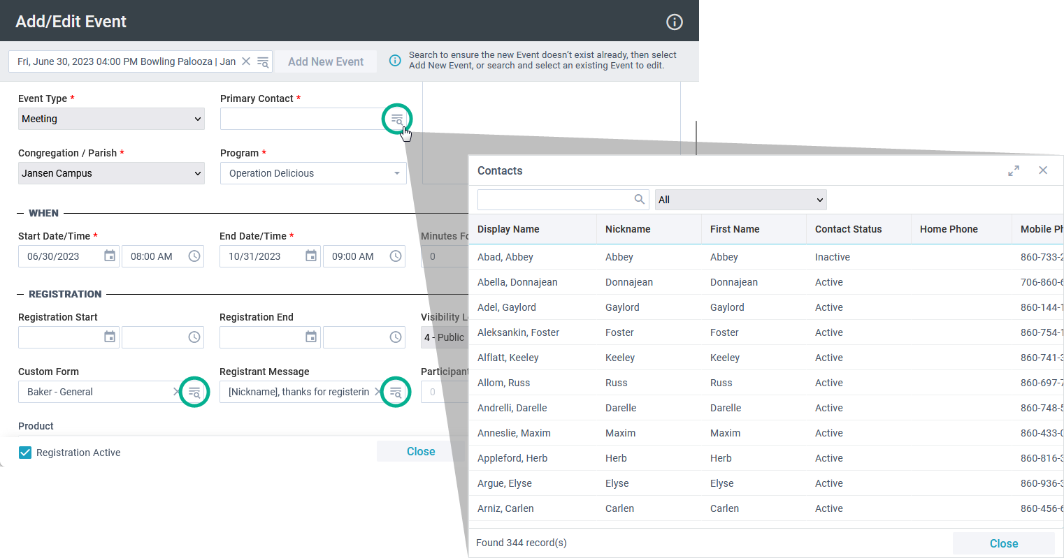 Add-Edit Event tool showing new icons beside Primary Contact, Custom Form, and Registrant Message fields