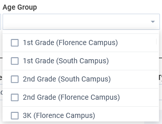 Screenshot showing an example of the Age Group drop-down list with 1st Grade Florence Campus, 1st Grade South Campus, and so on