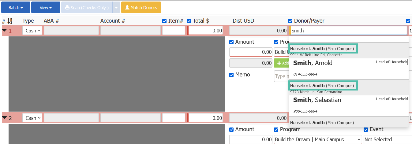 Batch Manager Tool showing the congregation in parentheses beside the household name