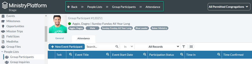 Example showing the breadcrumbs for People Lists to Group Participants to Attendance in the header