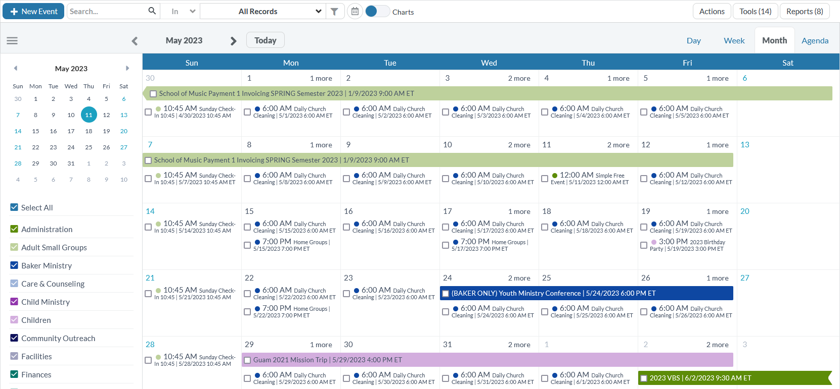 Example screenshot showing colors for different event categories in Calendar View