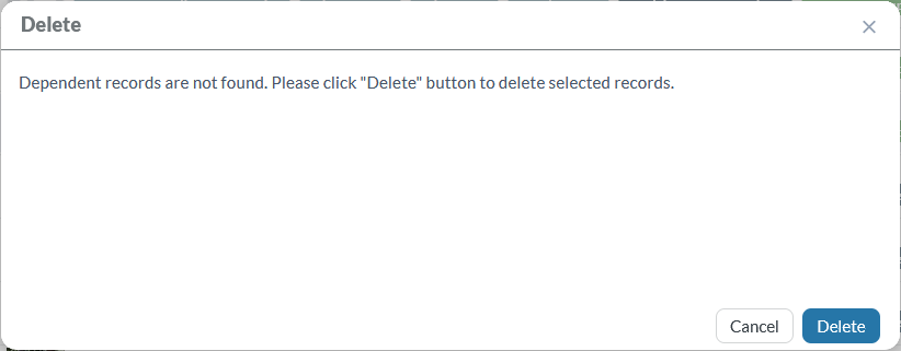 Delete modal showing the primary action for Delete to the right of the Cancel button