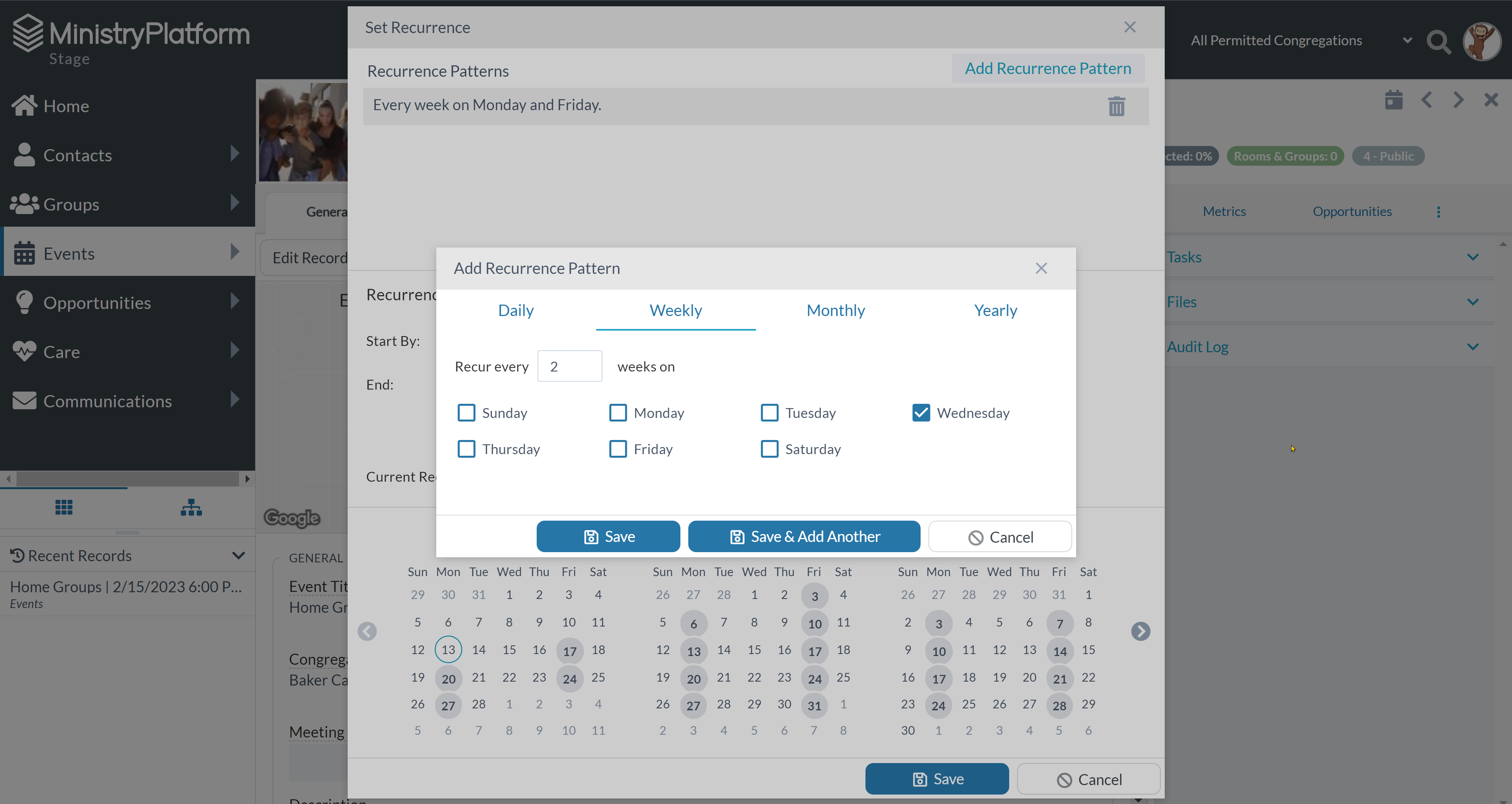 Screenshot showing where to add multiple recurrence patterns and the calendar of recurrence dates