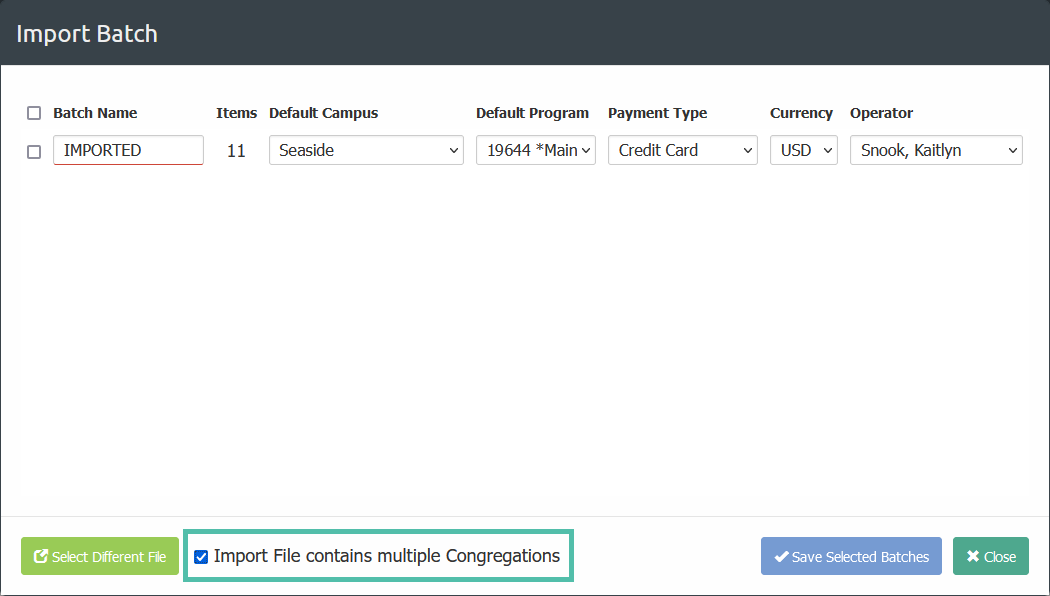 Screenshot of the Import Batch window showing the new option for Import File Contains Multiple Congregations