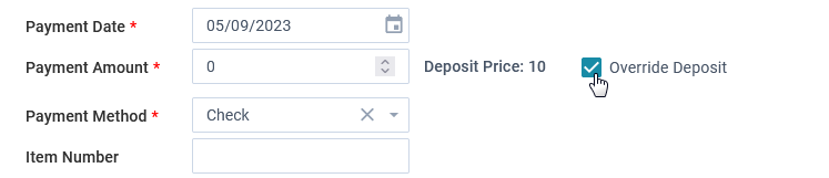 Screenshot showing the Override Deposit checkbox selected and the payment amount as $0