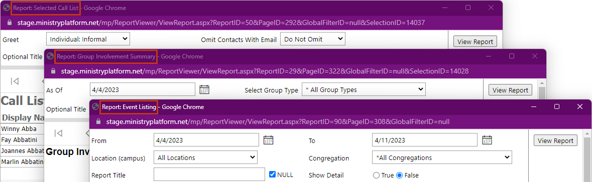 Several report windows with descriptive titles in the browser's title bar