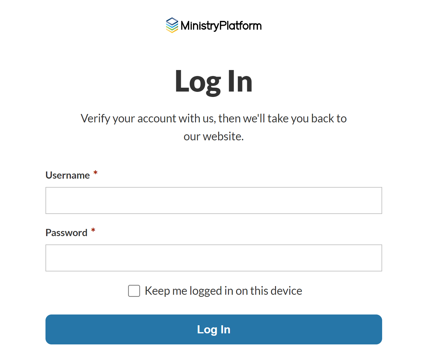 The login screen. The MinistryPlatform logo is on a white screen.