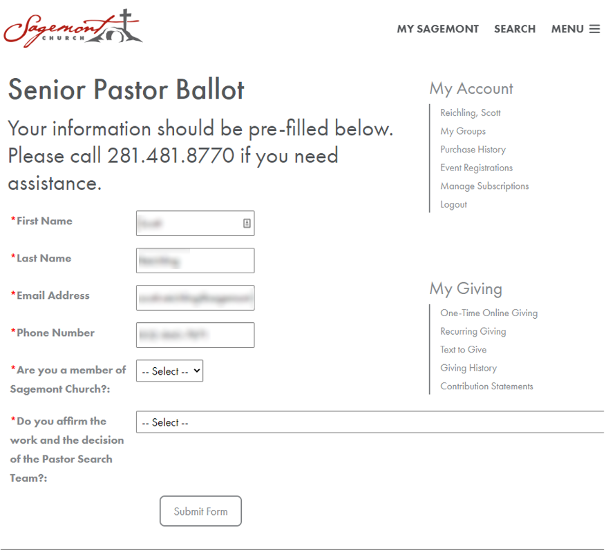 Senior Pastor Ballot form used by Sagement