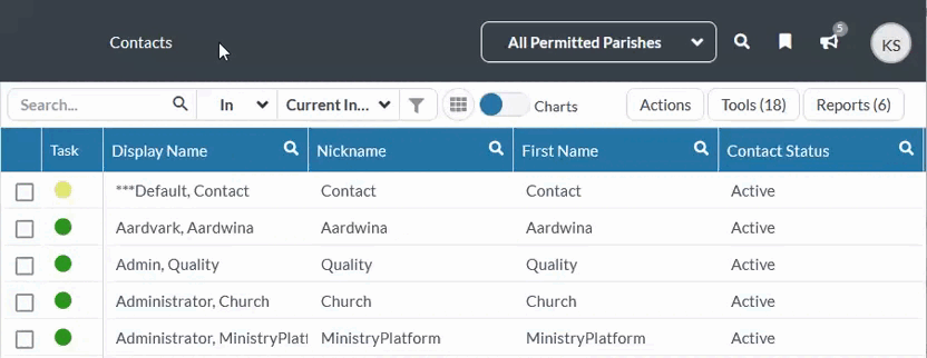 Example showing the magnifying glass icon in each column and how to search