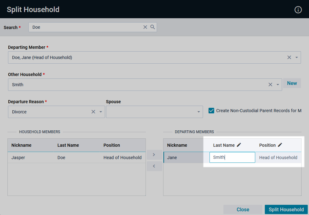 Split Household Tool showing the pencil icon in the Last Name and Position headers under Departing Members