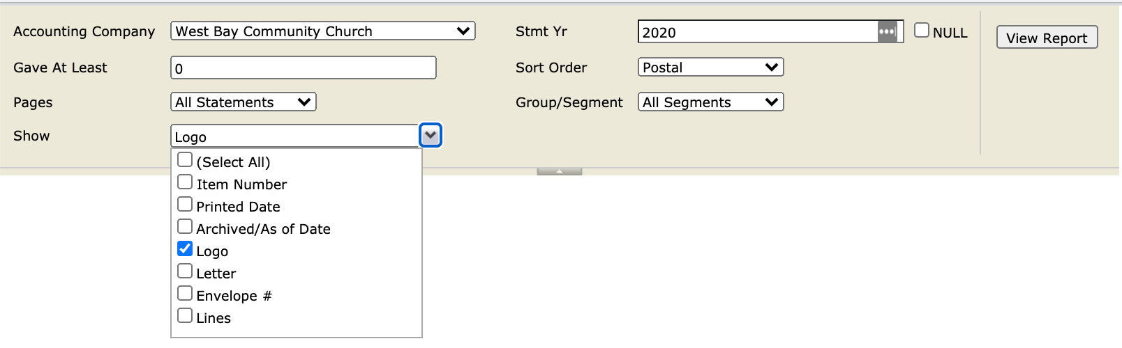 Example of the Standard Statement report with the Show drop-down list showing different options