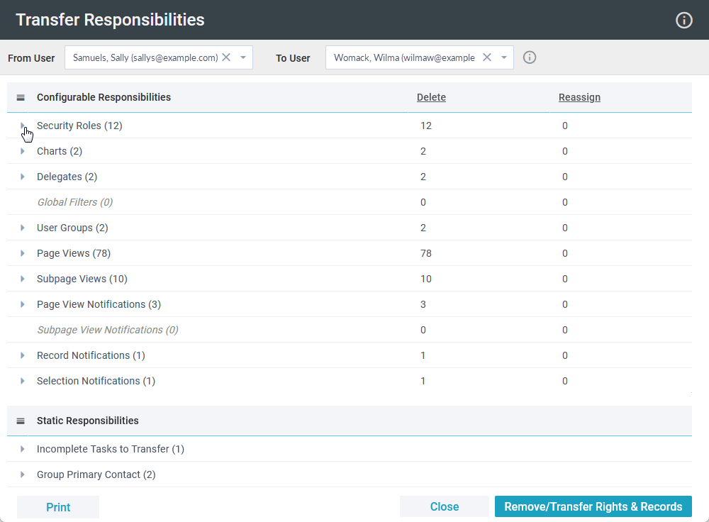 Gif showing the Transfer Responsibilities Tool in action